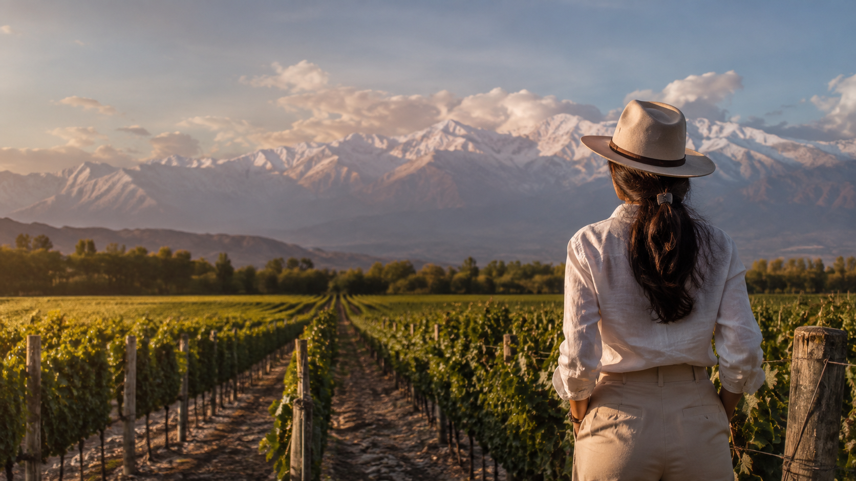 Viajante contempla os vinhedos de Mendoza diante da Cordilheira dos Andes